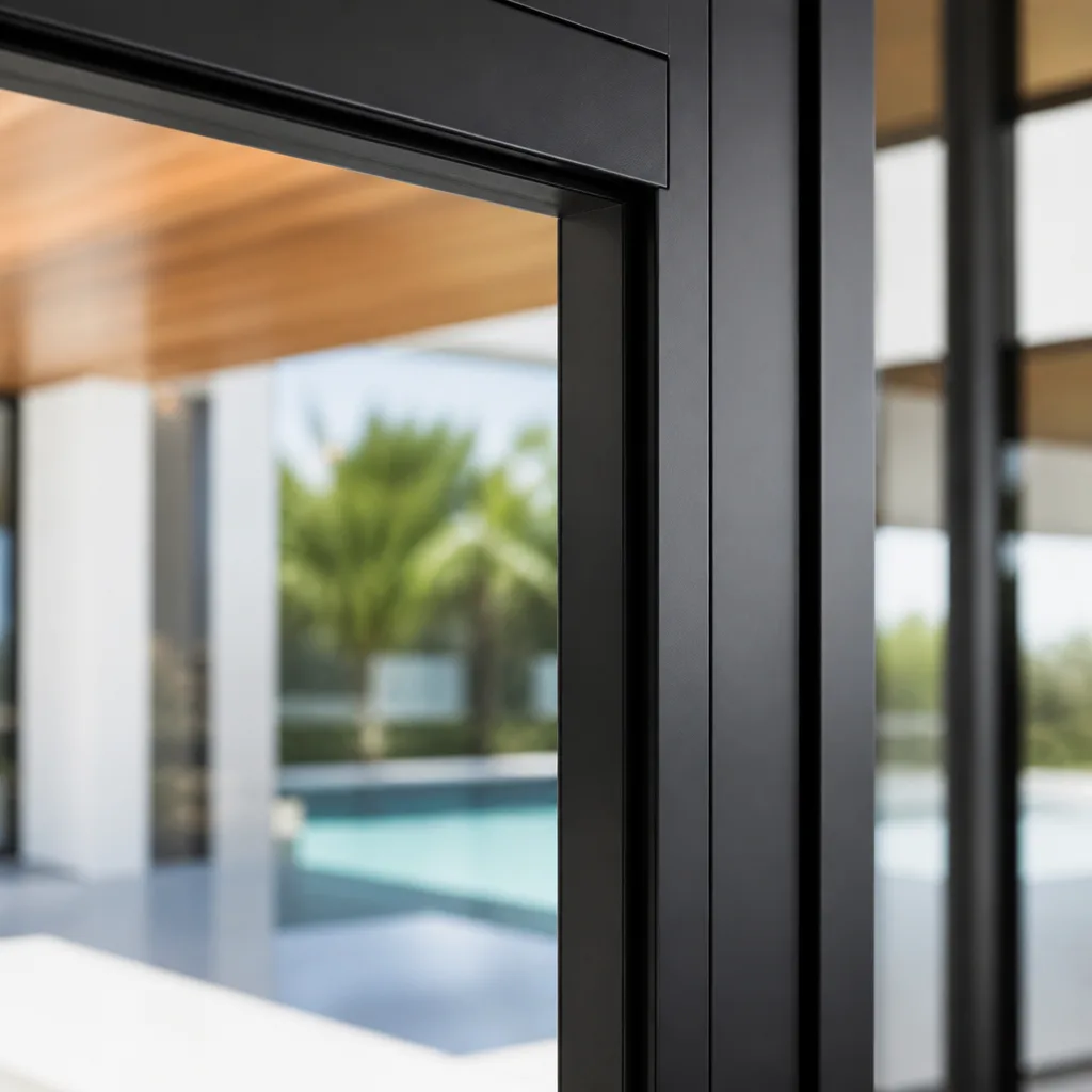 Close-up of modern black impact window frame overlooking a pool.
